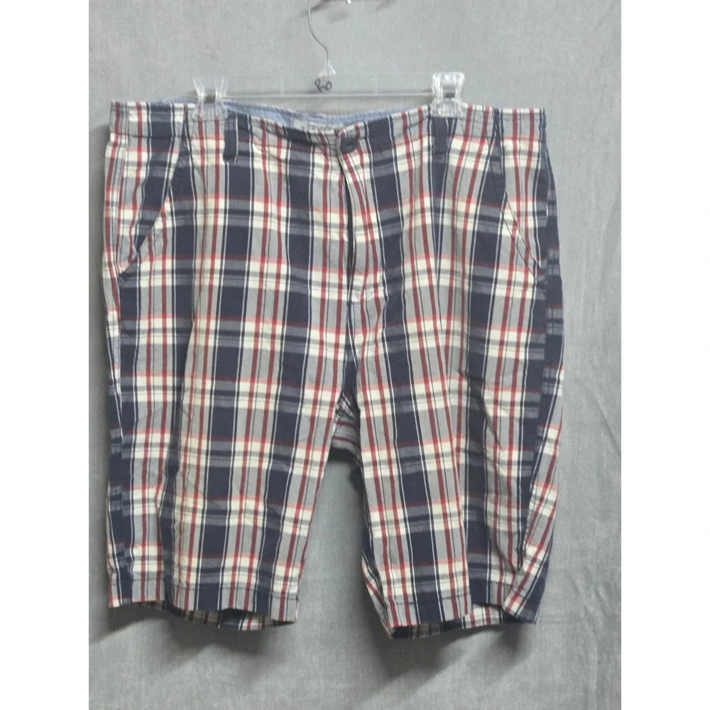 Angelo Litrico Weekend Mens Plaid Shorts Navy Red White Size 48 Flat Front